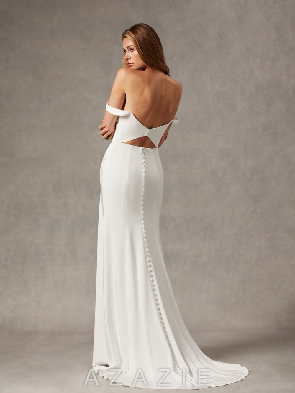 Azazie White Off-Shoulder Bridal Gown with Back Cutout